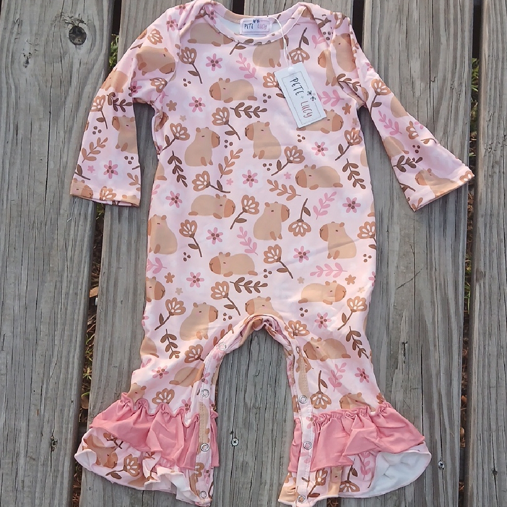 Adorable Pink and Brown Cuddly Capybaras Girl Romper, 9-12 Months